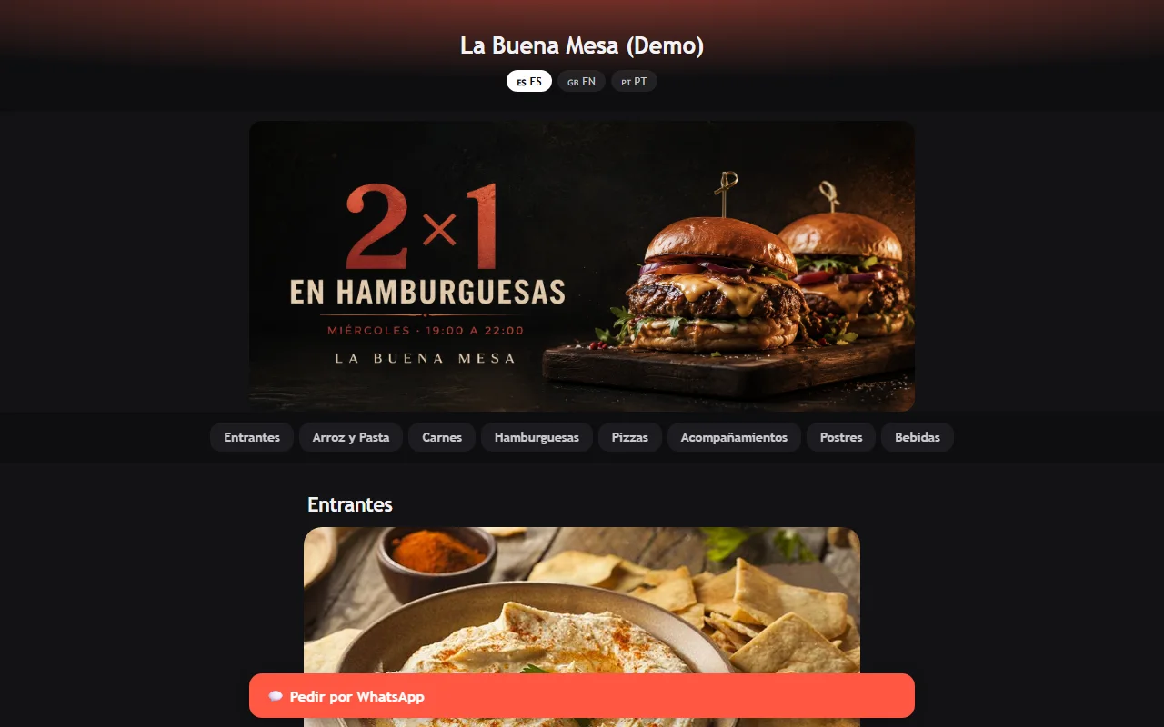 La carta digital de un restaurante abierta en el navegador, con su portada y sus categorias