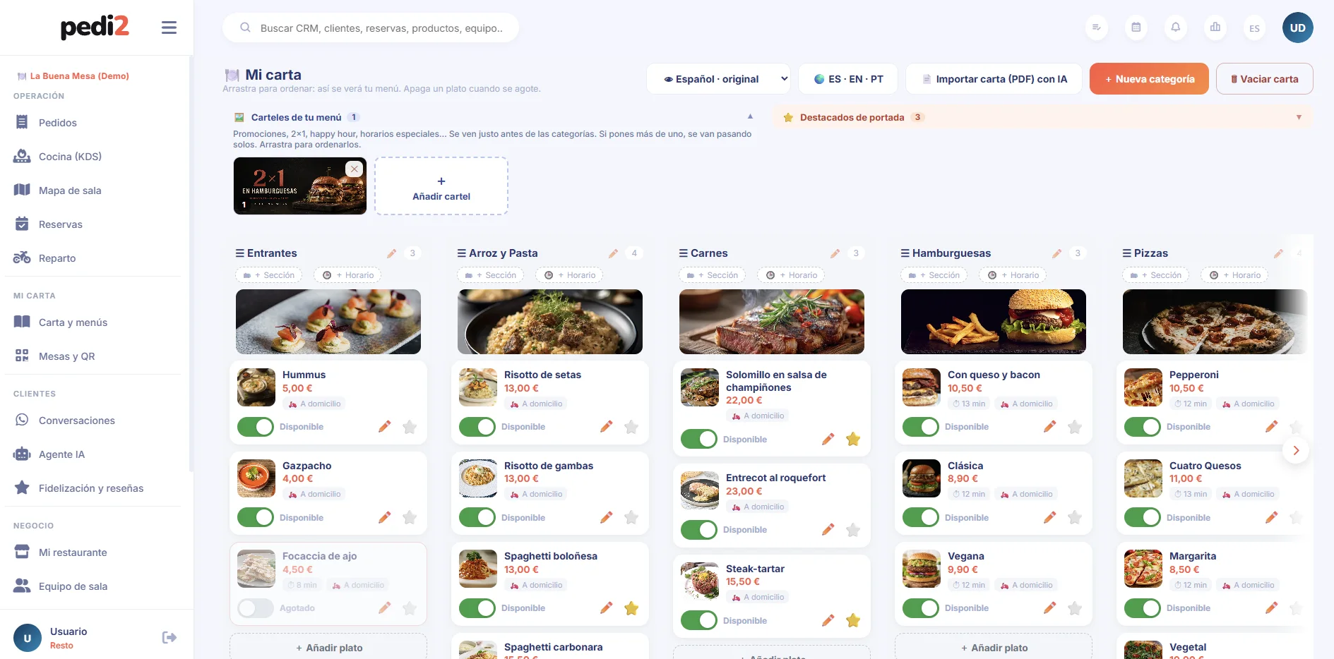 Editor de la carta de pedi2: categorías con sus platos, fotos, precios e interruptores de disponible o agotado