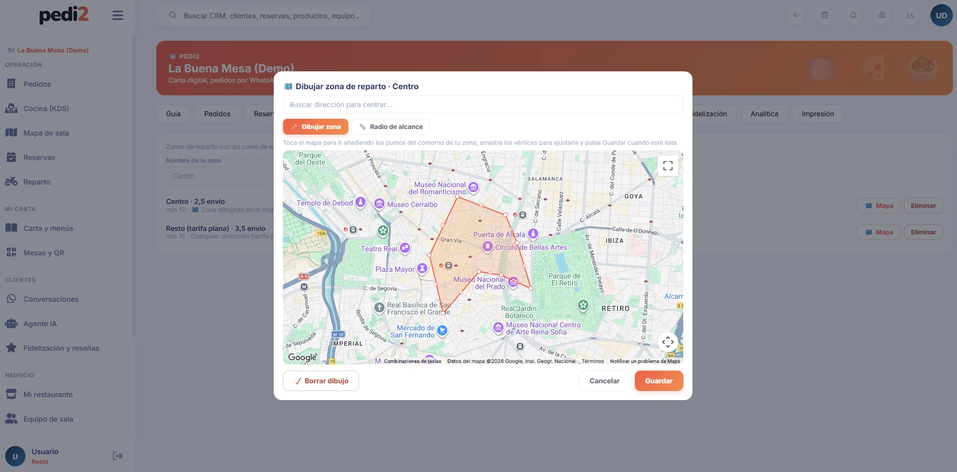 Editor de zonas de reparto de pedi2: una zona dibujada sobre el mapa con su coste de envío