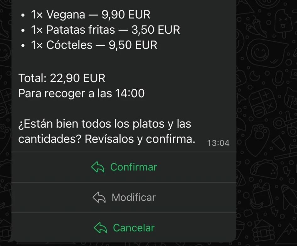 El agente muestra el pedido con su total y la hora de recogida, y tres botones: Confirmar, Modificar y Cancelar