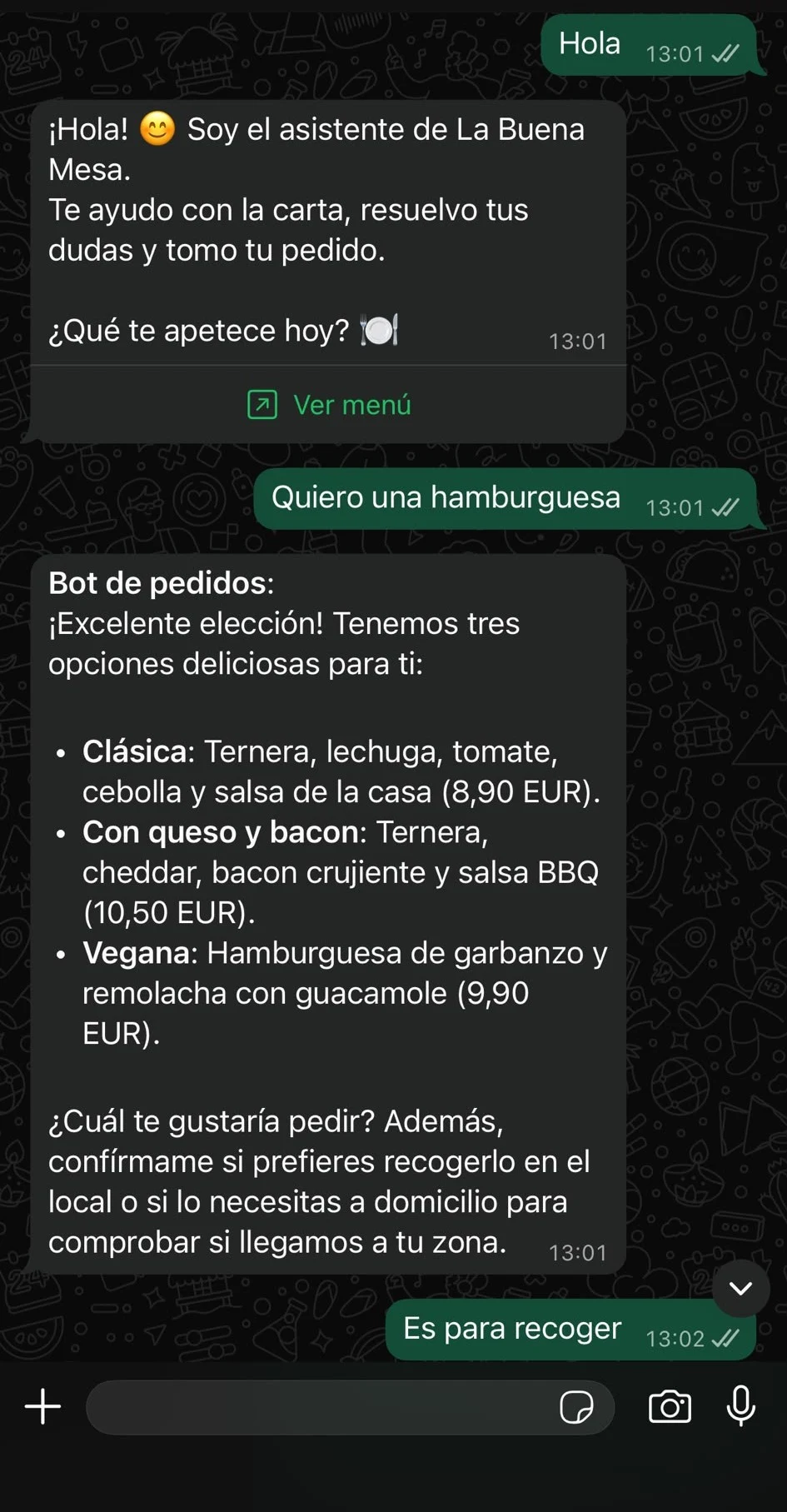 Conversacion de WhatsApp: el agente saluda, ofrece las hamburguesas de la carta con sus precios y pregunta si es para recoger